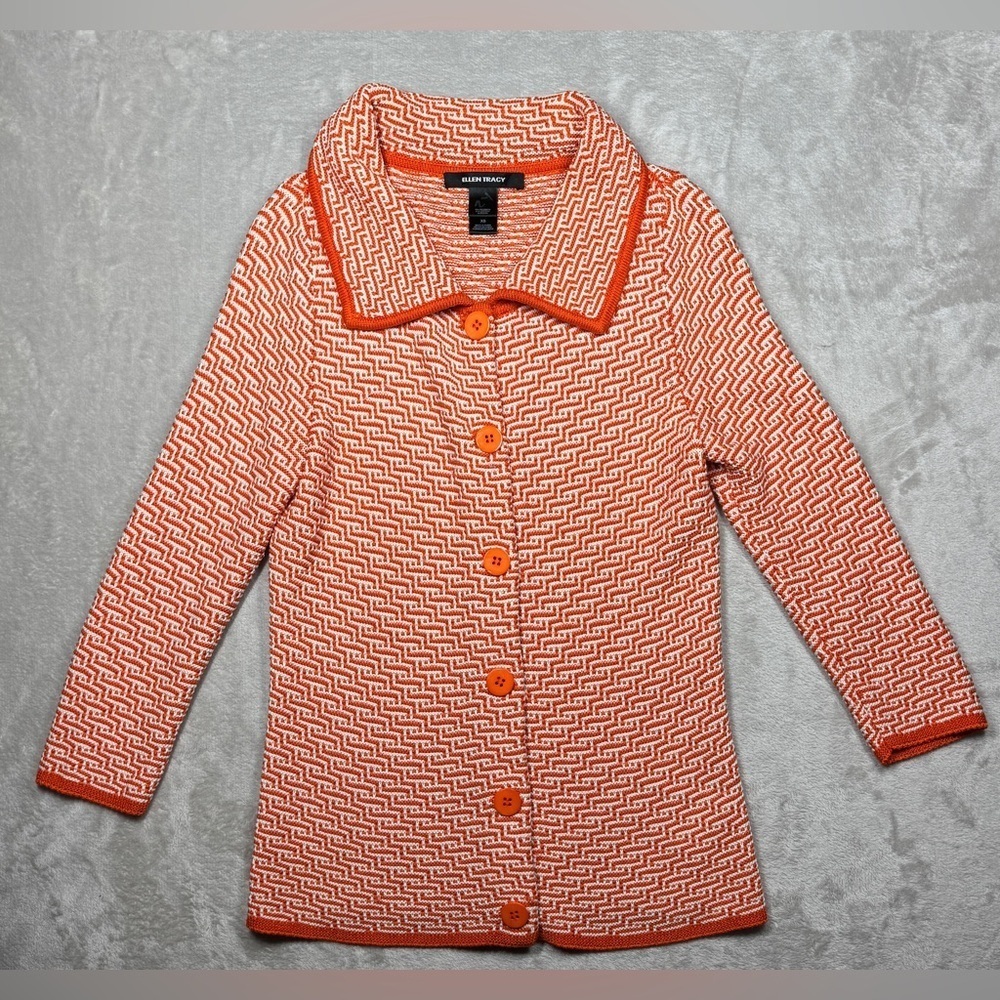 Ellen Tracy Orange Silk Cotton Blend Button Front Collared Cardigan Sweater XS